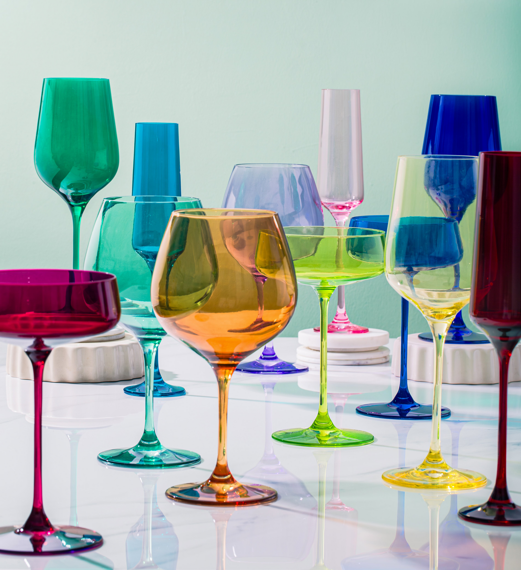 various colorful glassware